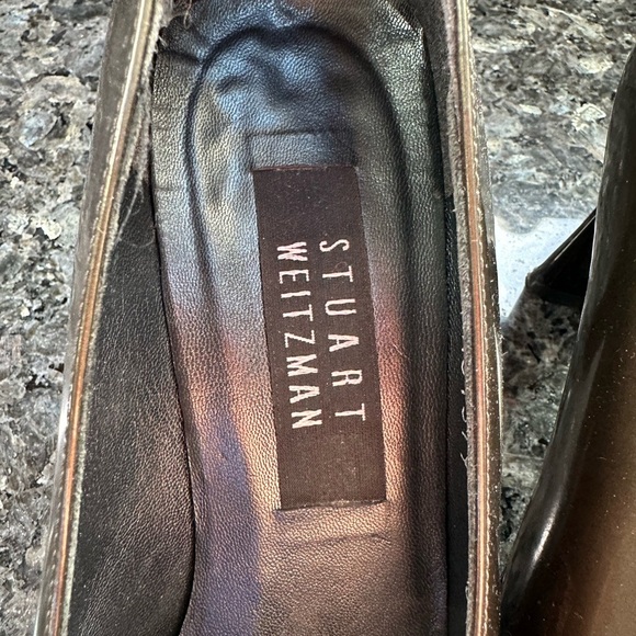 Stuart Weitzman Metallic Gold Bronze Dressy Heels Pumps Shoes Square Toe Size 8 - Picture 11 of 15